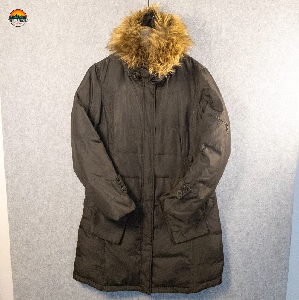 Calvin Klein Quilted Parka Jacket Black Puffer Faux Fur Trim Hooded Women's Sz L